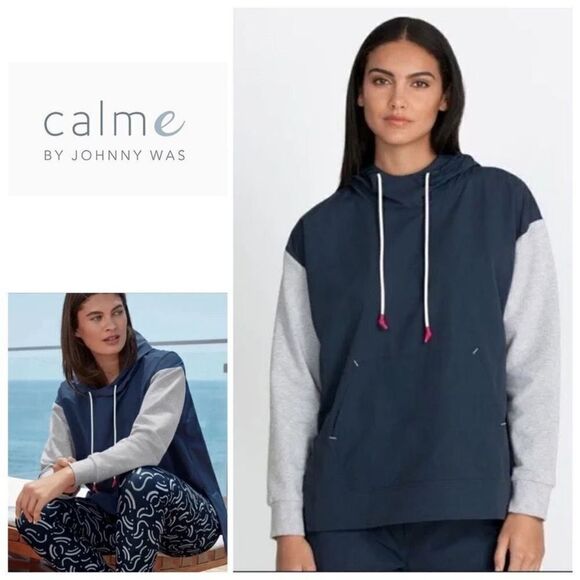 Calme by Johnny Was NWT Mix Nylon Hooded pullover jacket Navy/Grey Size Small - Picture 1 of 12